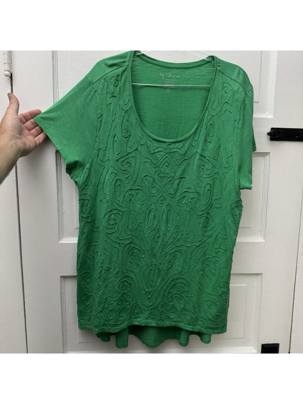 Chico’s Tunic Top Women XL Size 3 Green Cotton Modal Applique Short Sleeve
